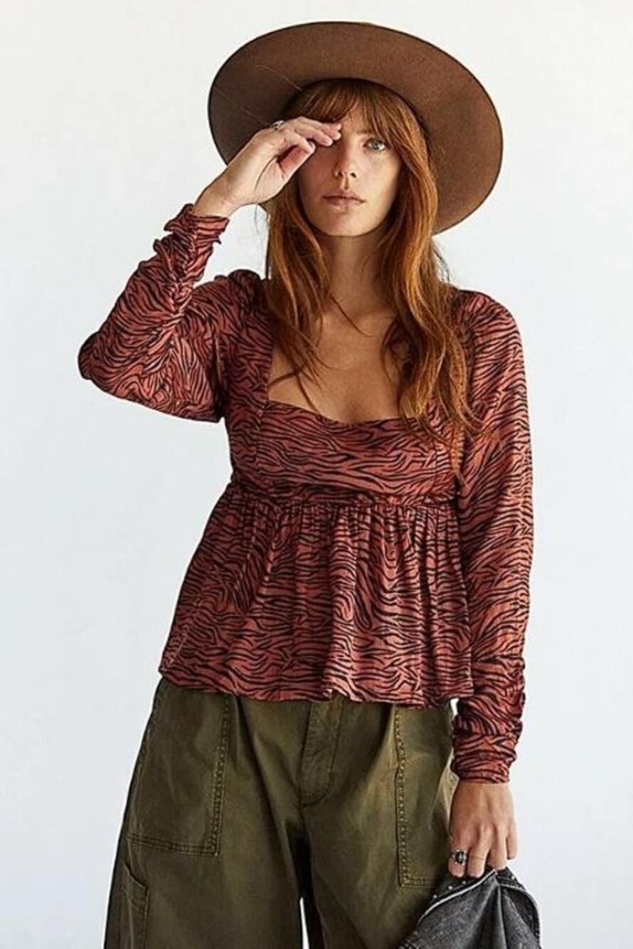 FREE PEOPLE Women's Silent Rawr Animal Print Top Size XS In Black